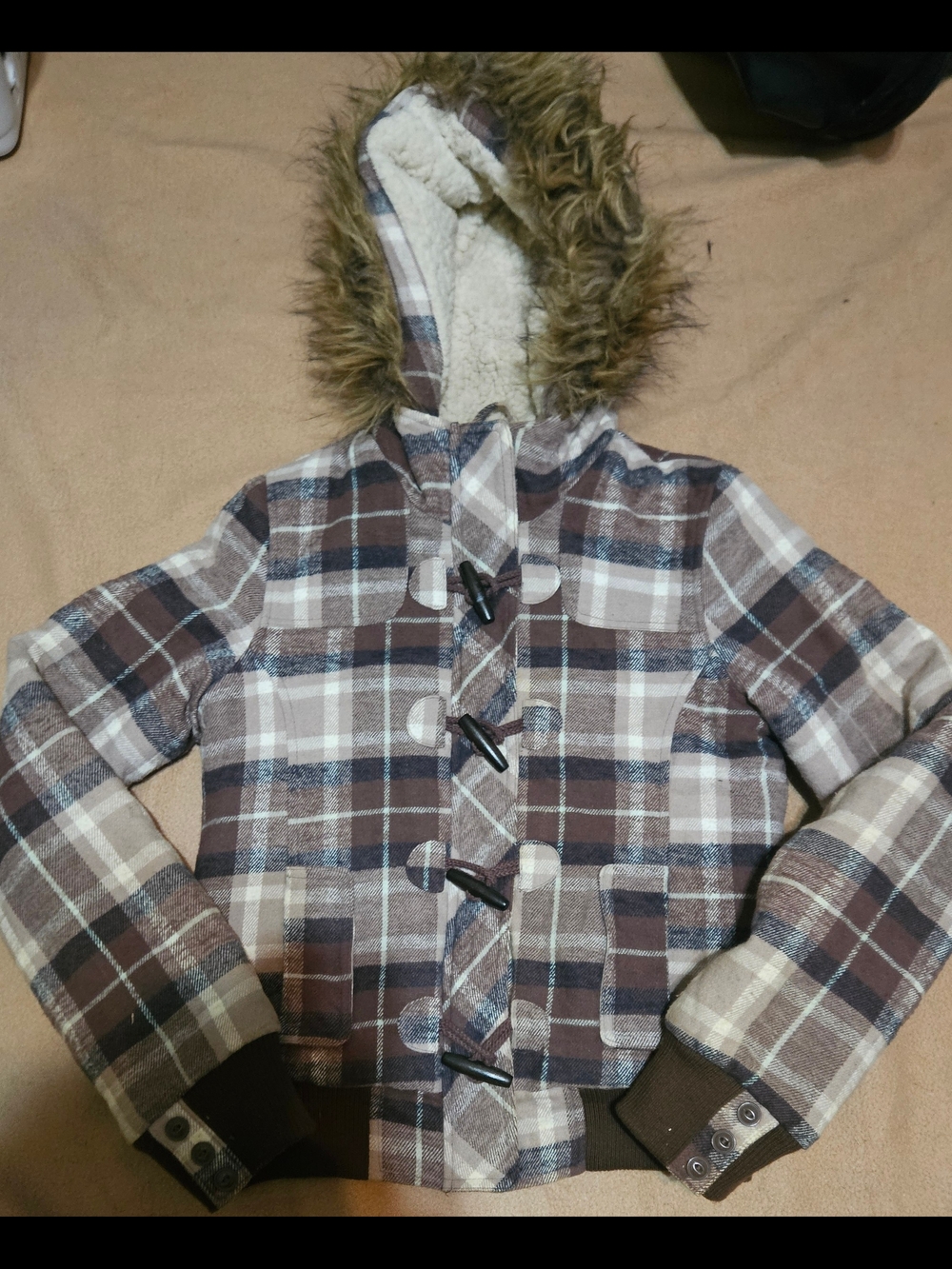 Bluenotes Brown Plaid Toggle Hooded Jacket with Faux Fur Trim